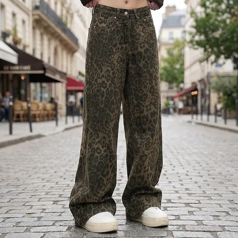 women jeans, wide leg jeans, leopard jeans, wide leg pants, denim pants