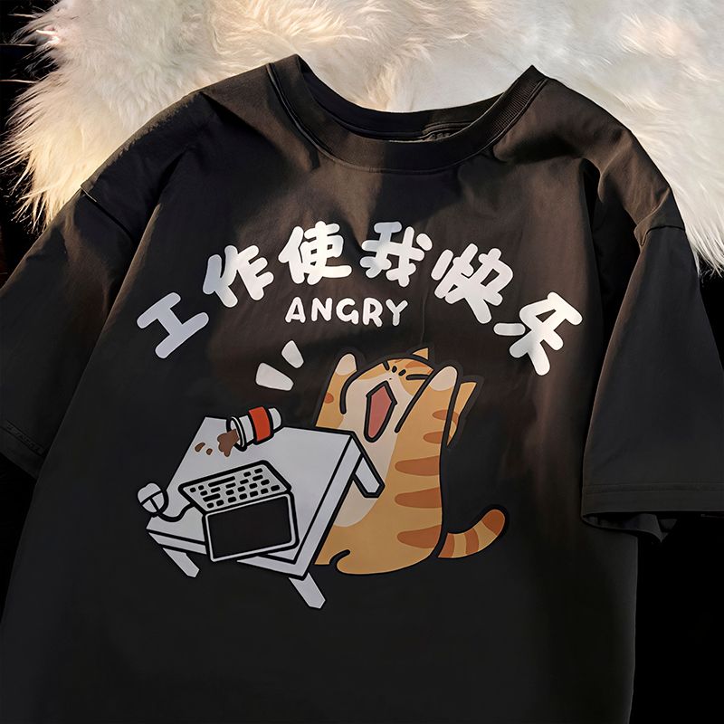 Angry Cat Print Cotton Loose T-Shirt KIMONOMO black