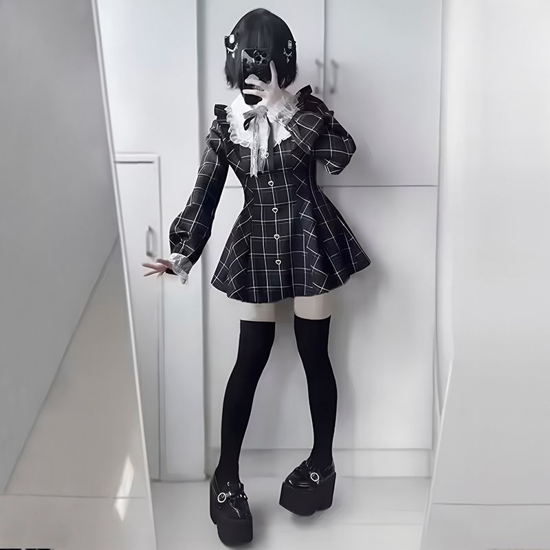 long sleeve dress, black dress, bow dress, plaid dress, collar dress