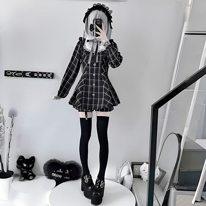 long sleeve dress, black dress, bow dress, plaid dress, collar dress