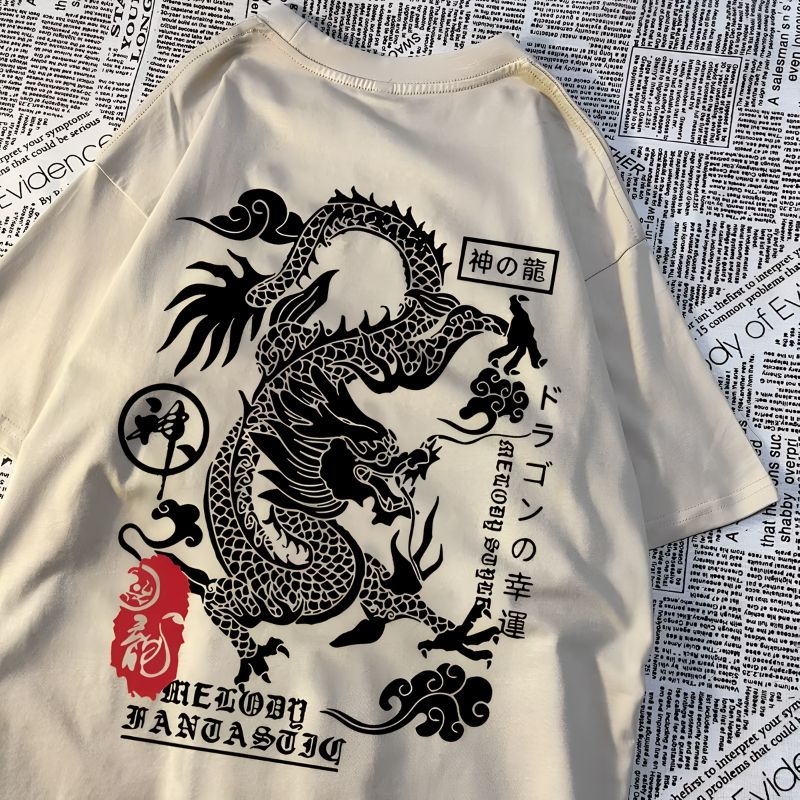 Khaki_Dragon Print Oversized T-Shirt