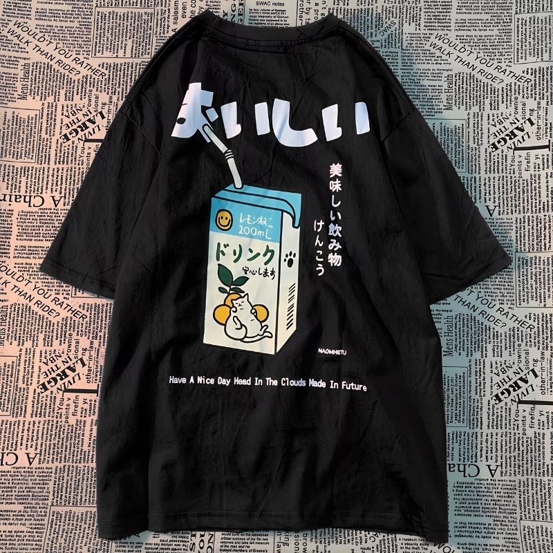 Black_Cute Japanese Print Oversized T-Shirt