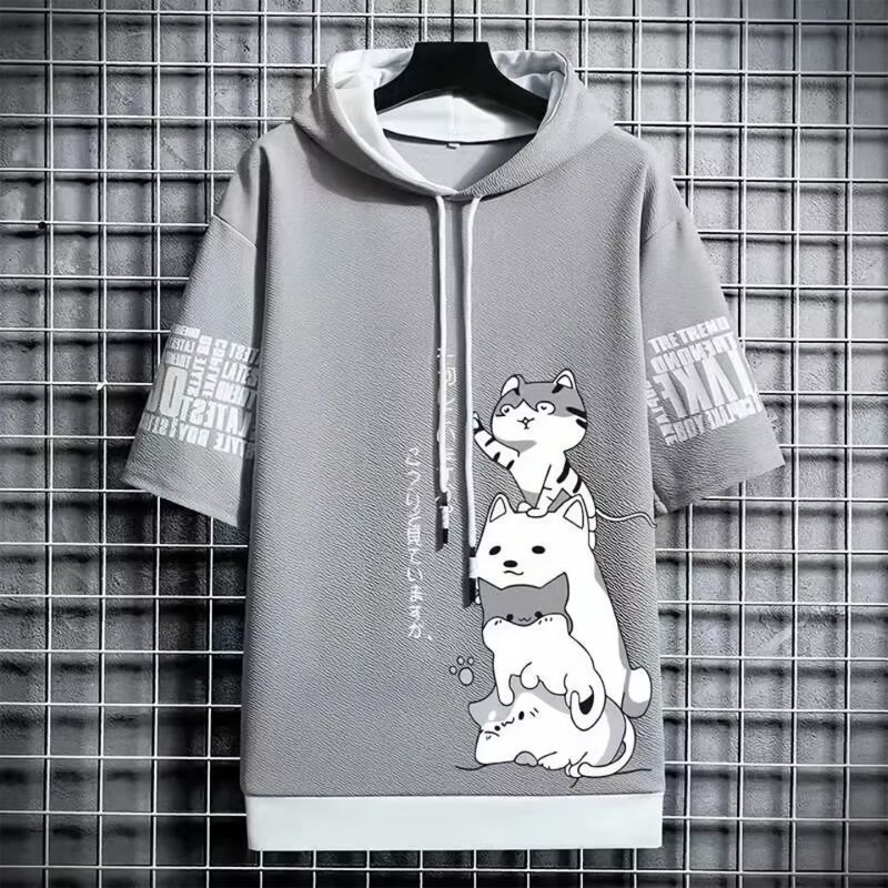 mens t shirt, hooded t shirt, cat print t shirt